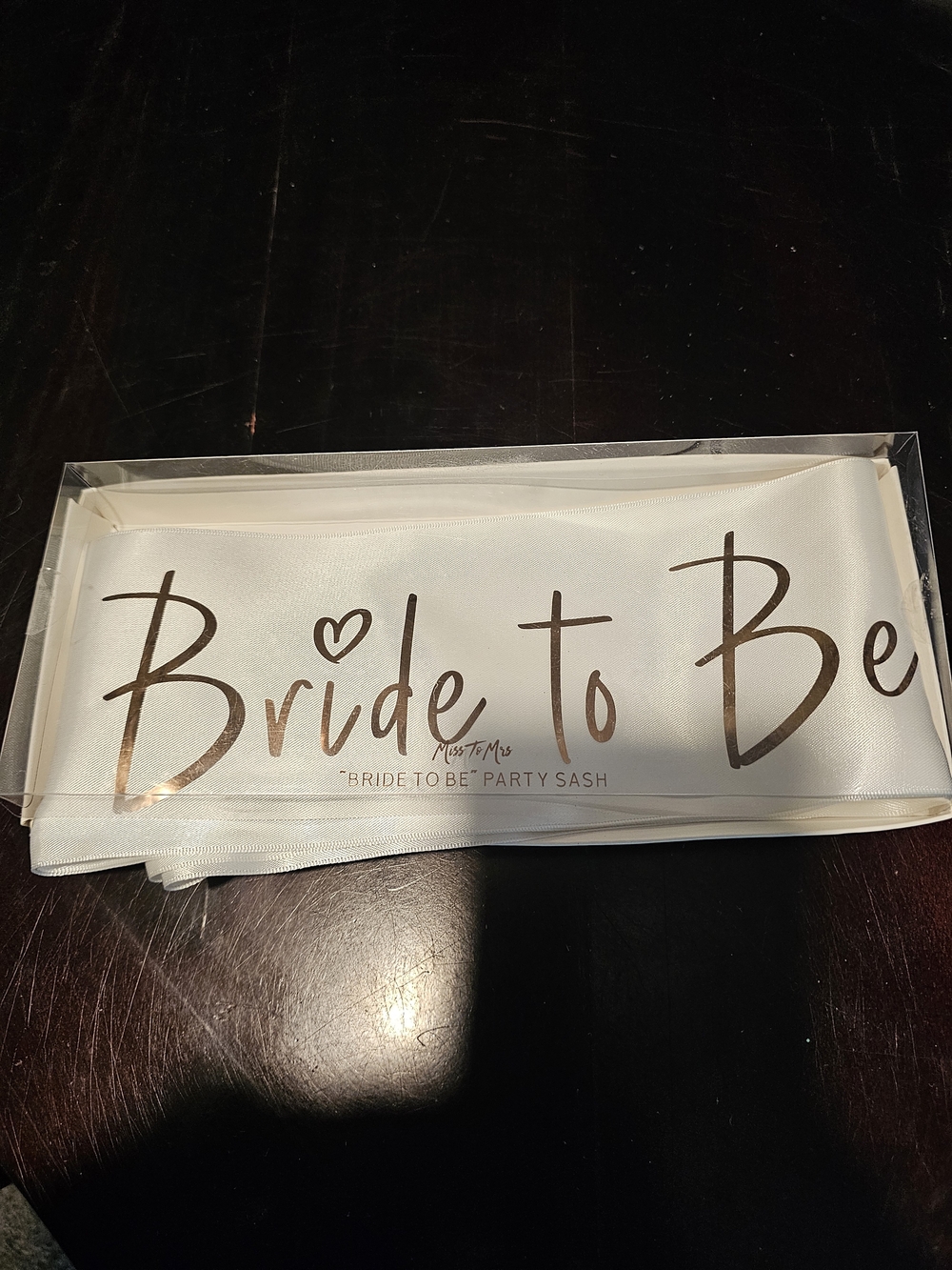Bride to Be Satin Party Sash in White with Rose Gold  New In Box With Pin